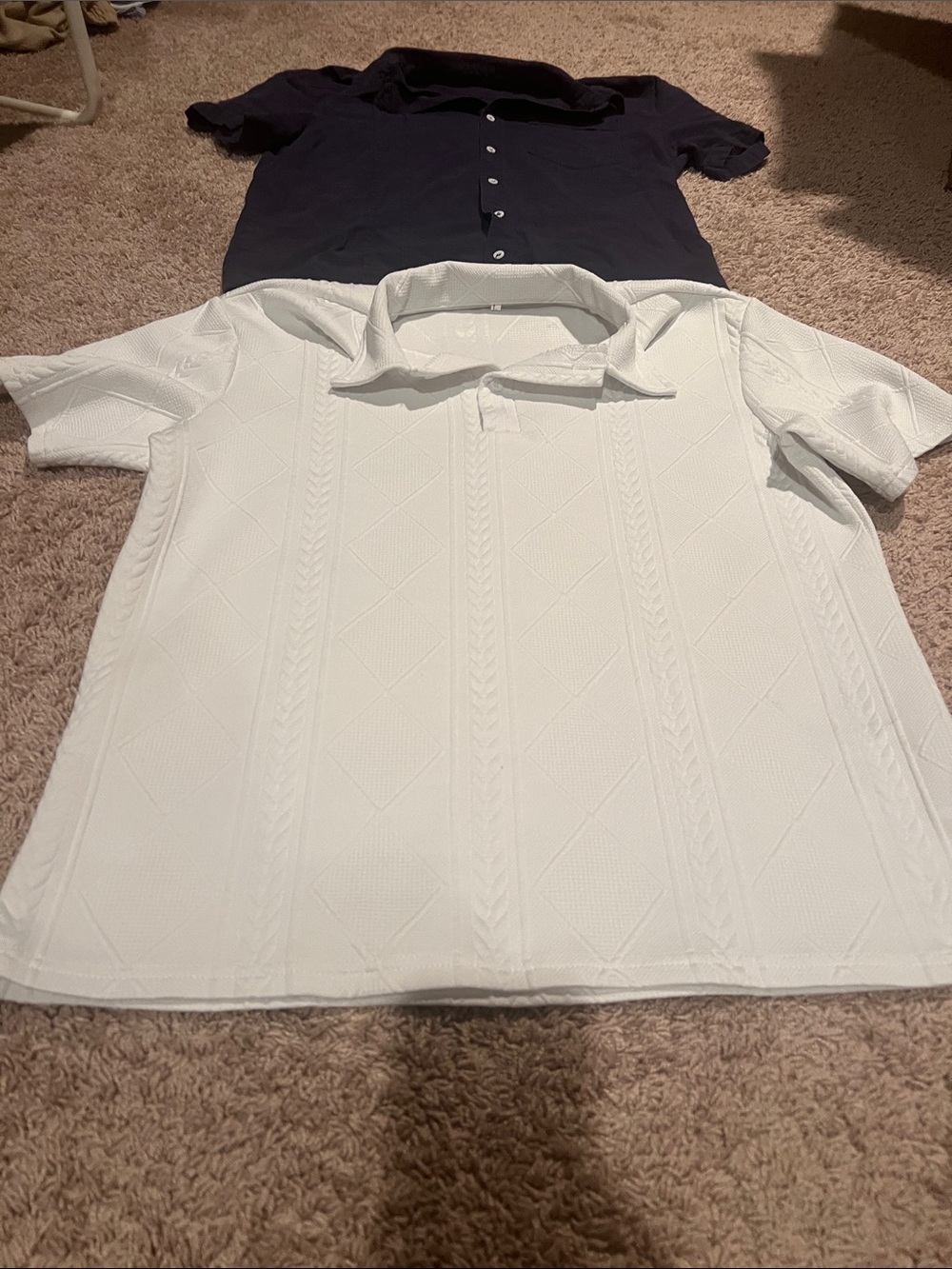 White Textured Polo Shirt and Blue Linen Shirt